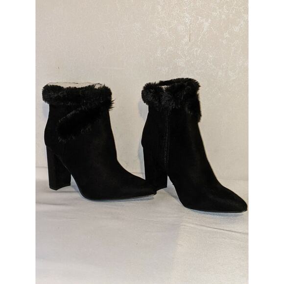 Allegra K Black Woman's Chunky Heel Fur Top Suede Ankle Boot Pointed Toe sz 8 Ne - Picture 3 of 6